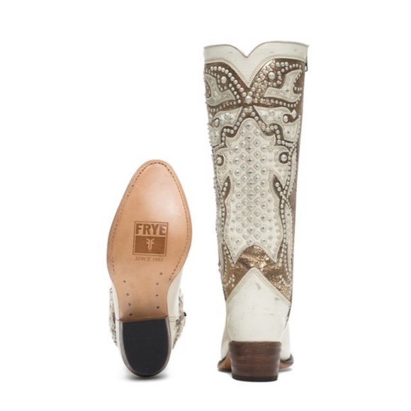 Frye Leather Deborah Deco Tall in White/Gold/Brown - Picture 2 of 13